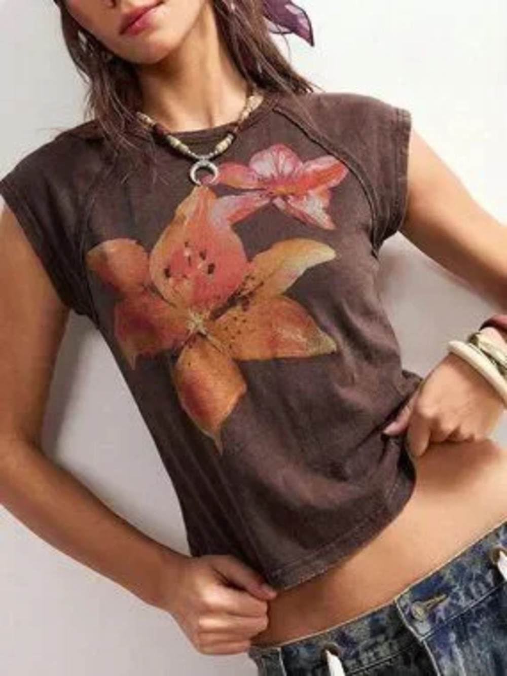 Coffee Brown Casual Women's Knit Short Sleeve Fitted Washed T-Shirt